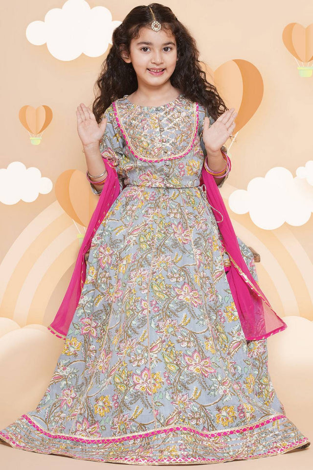Girl's Blue Floral Printed Cotton Lehenga