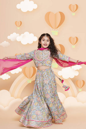 Girl's Blue Floral Printed Cotton Lehenga