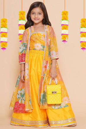 Girl's Yellow Floral Printed Silk Lehenga