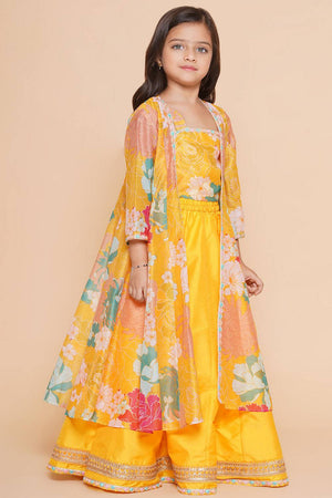 Girl's Yellow Floral Printed Silk Lehenga