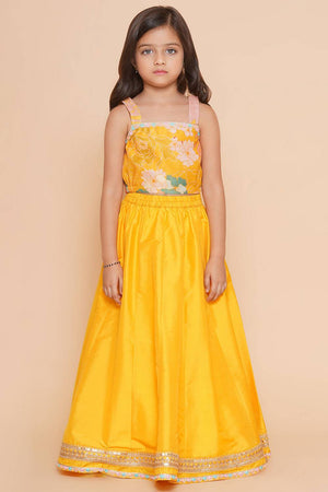 Girl's Yellow Floral Printed Silk Lehenga