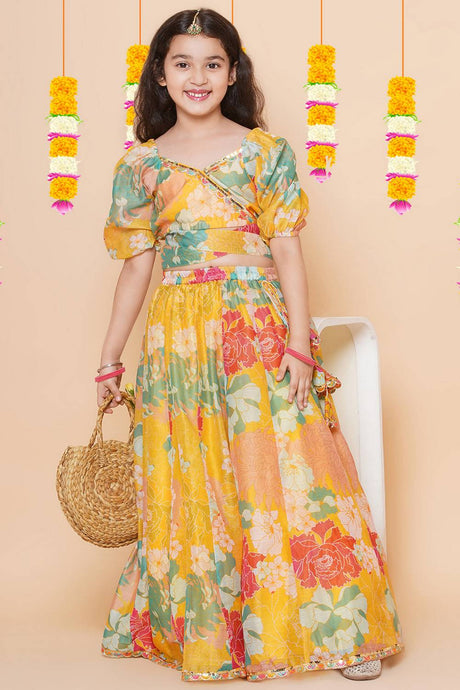 Girl's Yellow Floral Printed Silk Lehenga