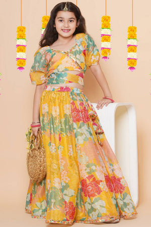 Girl's Yellow Floral Printed Silk Lehenga