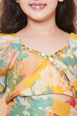 Girl's Yellow Floral Printed Silk Lehenga