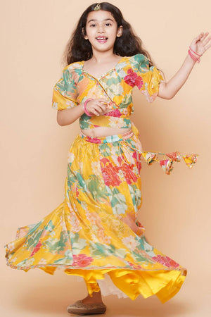 Girl's Yellow Floral Printed Silk Lehenga