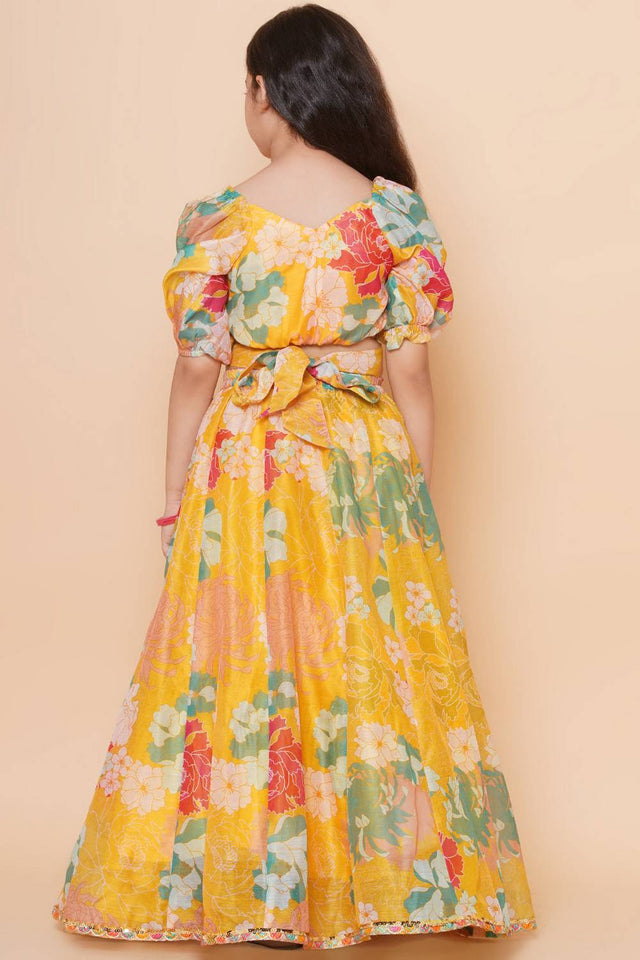 Girl's Yellow Floral Printed Silk Lehenga