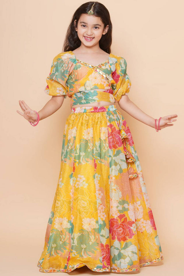 Girl's Yellow Floral Printed Silk Lehenga