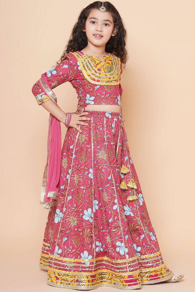 Girl's Pink Floral Printed Cotton Lehenga