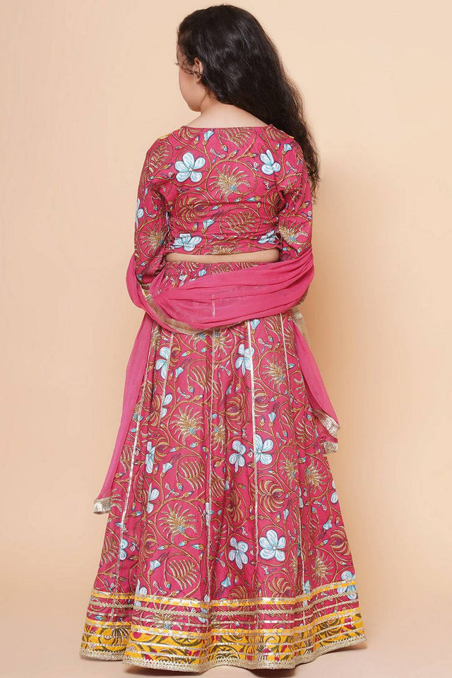 Girl's Pink Floral Printed Cotton Lehenga