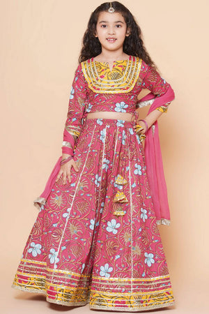 Girl's Pink Floral Printed Cotton Lehenga
