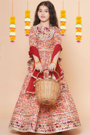 Girl's Peach Ethnic Motifs Printed Cotton Lehenga