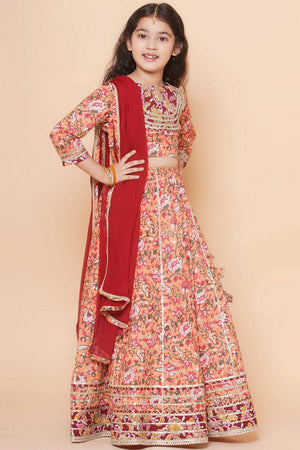 Girl's Peach Ethnic Motifs Printed Cotton Lehenga