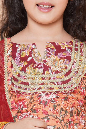 Girl's Peach Ethnic Motifs Printed Cotton Lehenga