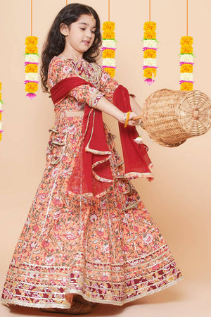 Girl's Peach Ethnic Motifs Printed Cotton Lehenga