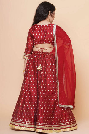 Girl's Maroon Jacquard Cotton Lehenga