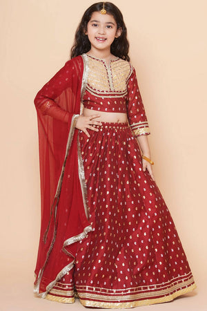 Girl's Maroon Jacquard Cotton Lehenga
