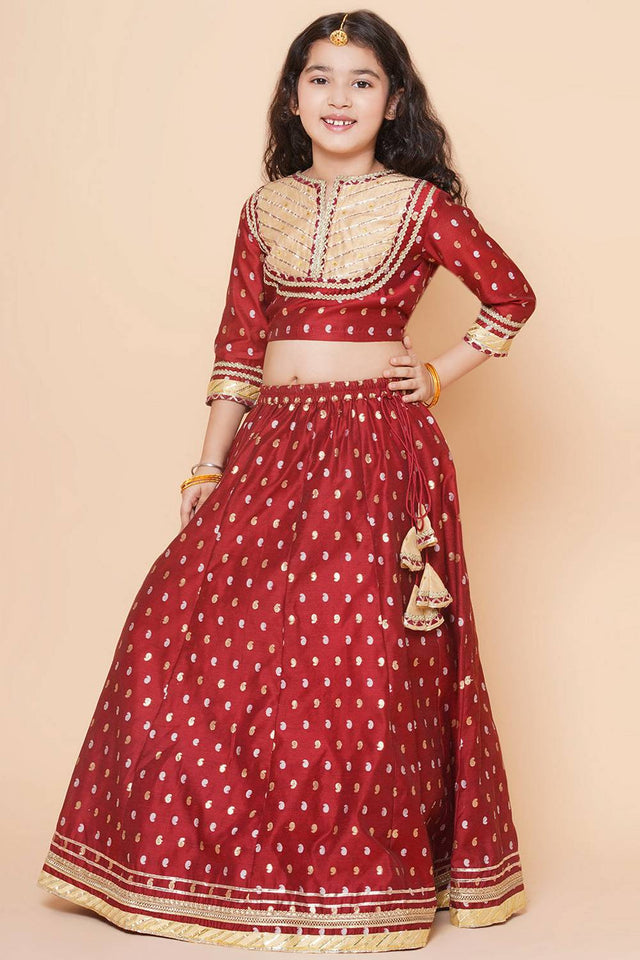 Girl's Maroon Jacquard Cotton Lehenga