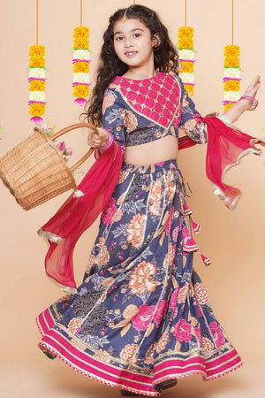 Girl's Grey Floral Printed Cotton Lehenga