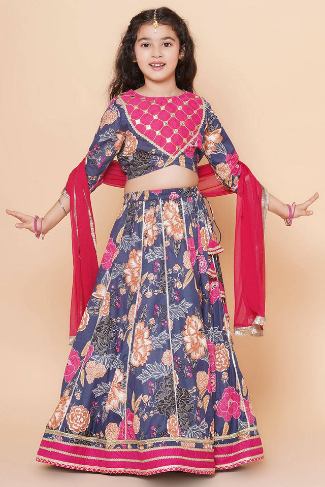Girl's Grey Floral Printed Cotton Lehenga