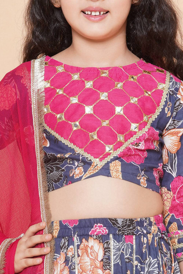 Girl's Grey Floral Printed Cotton Lehenga