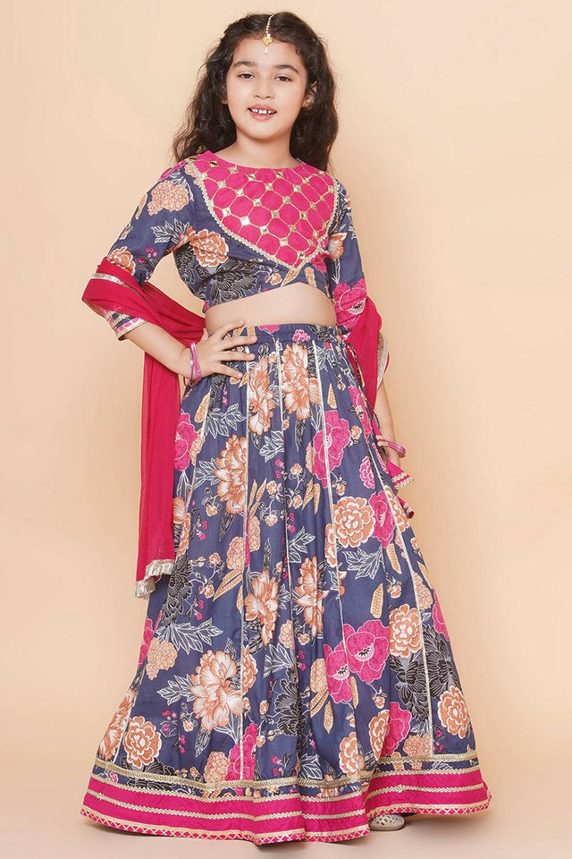 Girl's Grey Floral Printed Cotton Lehenga