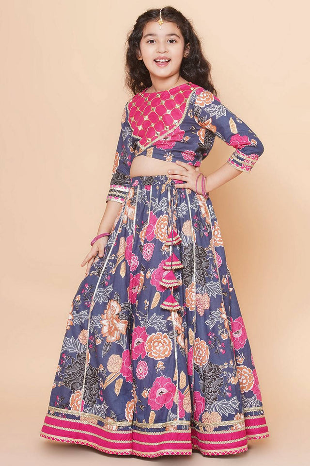 Girl's Grey Floral Printed Cotton Lehenga