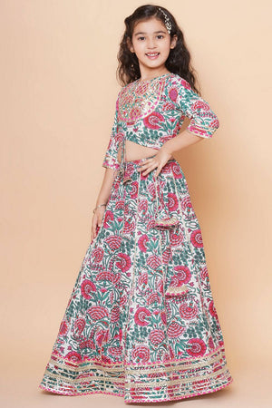Girl's White Floral Printed Cotton Lehenga