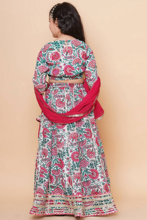 Girl's White Floral Printed Cotton Lehenga