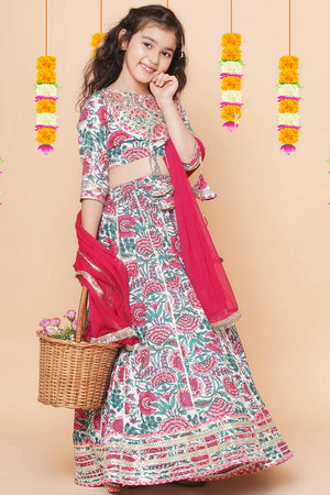 Girl's White Floral Printed Cotton Lehenga