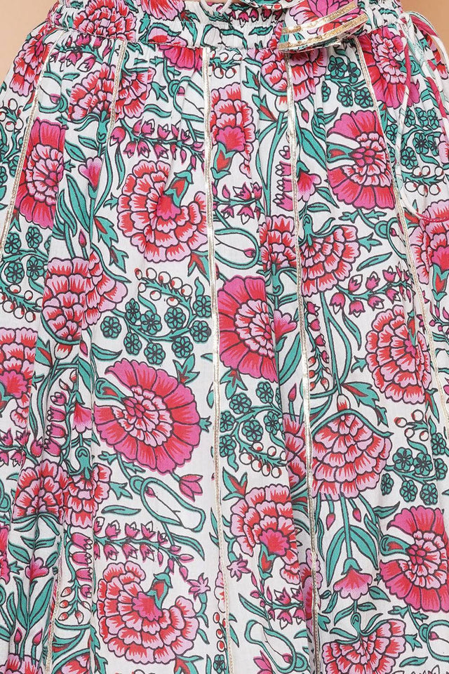 Girl's White Floral Printed Cotton Lehenga