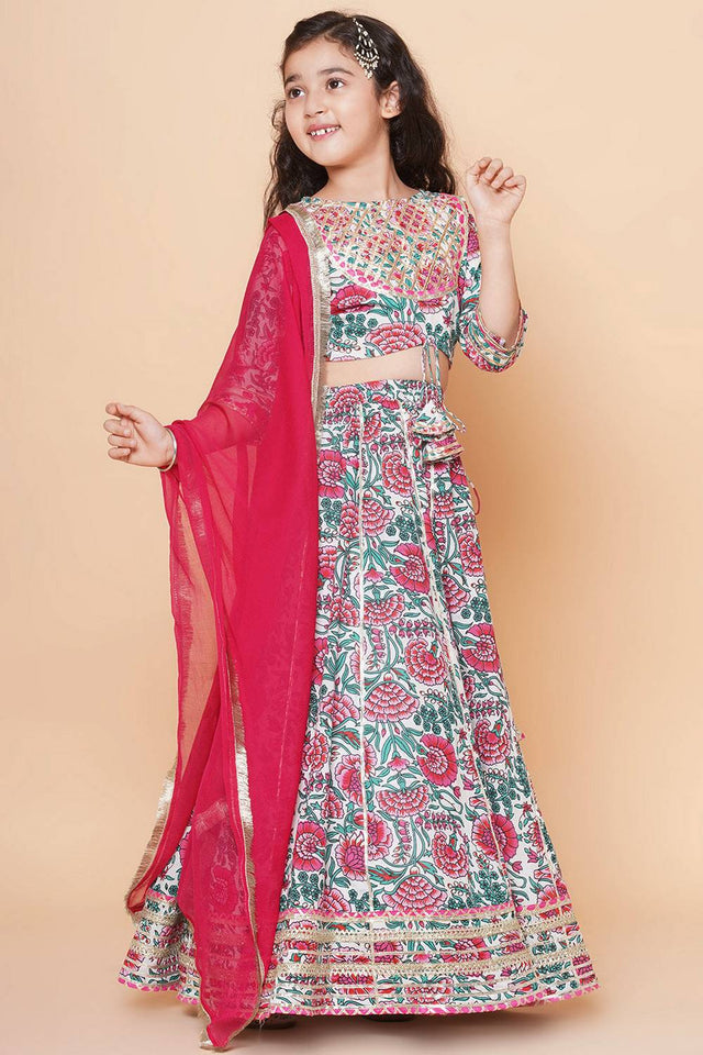 Girl's White Floral Printed Cotton Lehenga
