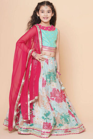 Girl's Green Floral Printed Silk Lehenga