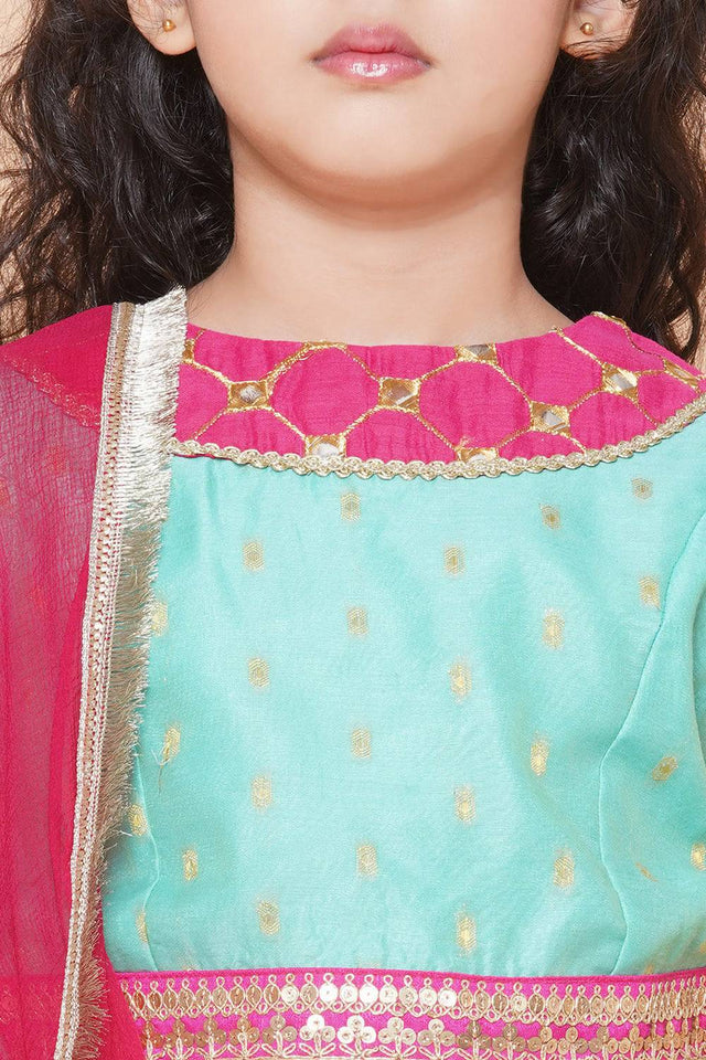 Girl's Green Floral Printed Silk Lehenga