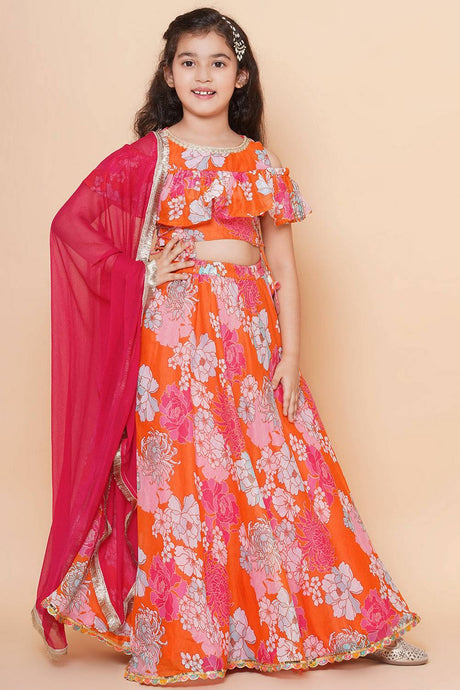 Girl's Orange Floral Printed Silk Lehenga