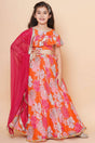 Girl's Orange Floral Printed Silk Lehenga