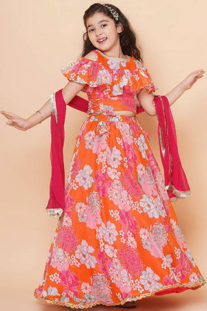 Girl's Orange Floral Printed Silk Lehenga