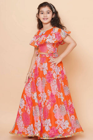Girl's Orange Floral Printed Silk Lehenga