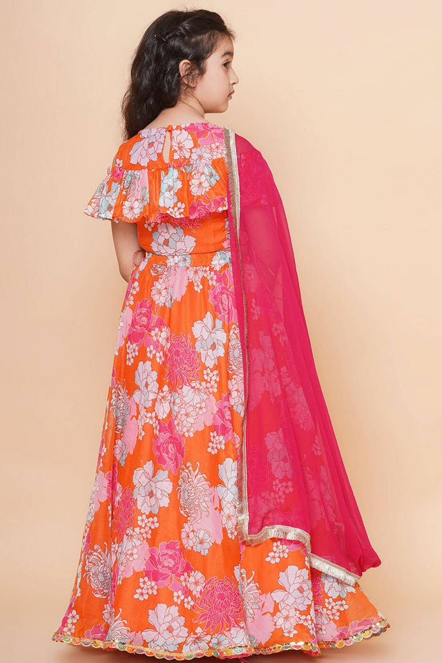 Girl's Orange Floral Printed Silk Lehenga
