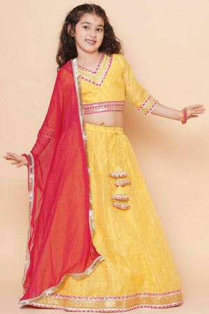 Girl's Pink Woven Silk Lehenga