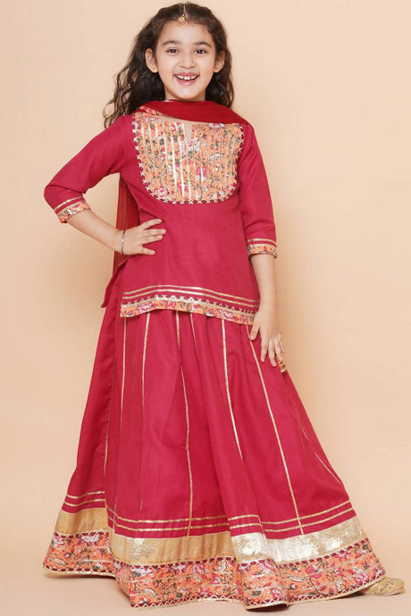 Girl's Maroon Lace Work Cotton Lehenga
