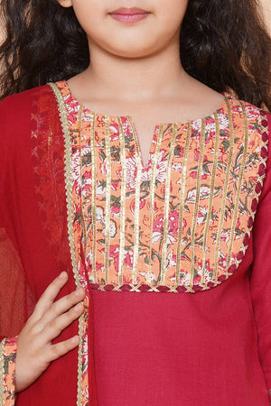 Girl's Maroon Lace Work Cotton Lehenga