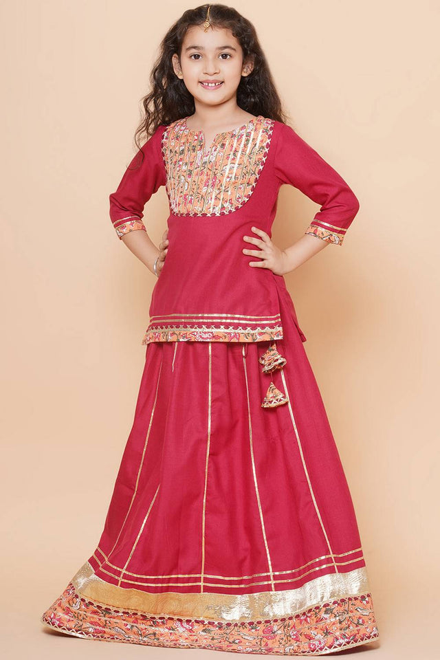 Girl's Maroon Lace Work Cotton Lehenga