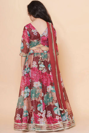 Girl's Maroon Floral Printed Silk Lehenga