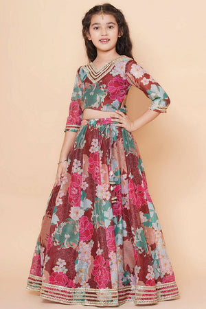 Girl's Maroon Floral Printed Silk Lehenga