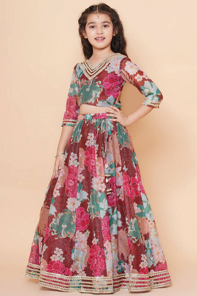 Girl's Maroon Floral Printed Silk Lehenga