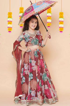 Girl's Maroon Floral Printed Silk Lehenga