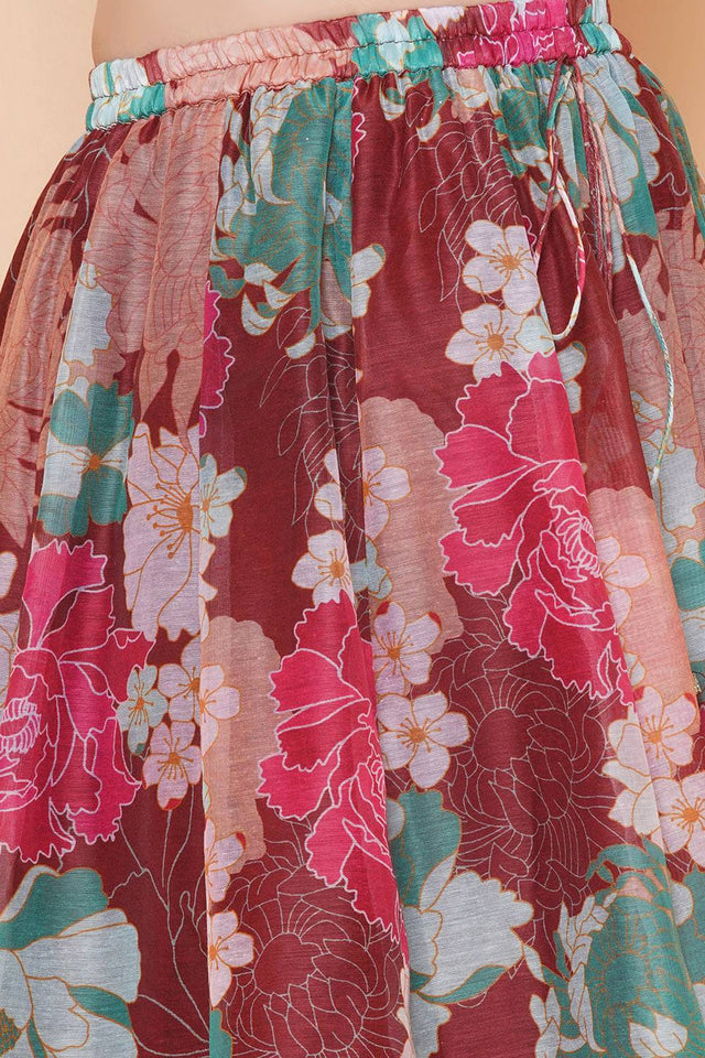 Girl's Maroon Floral Printed Silk Lehenga