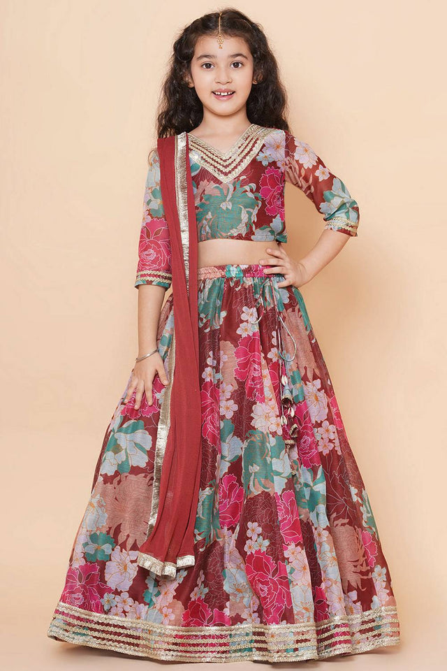 Girl's Maroon Floral Printed Silk Lehenga