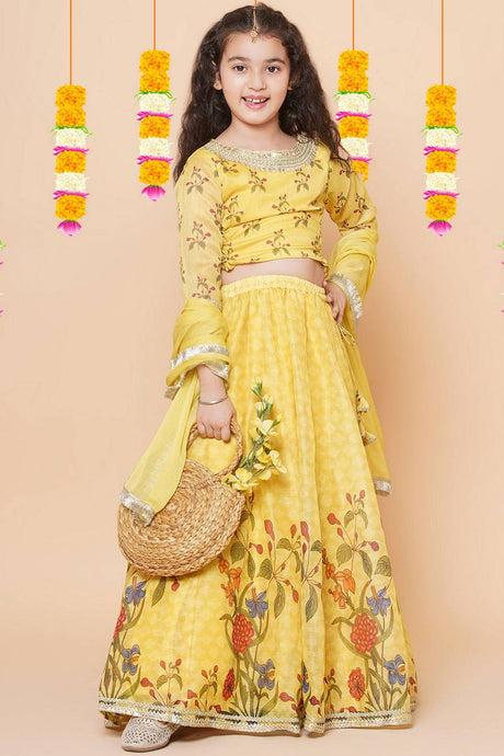 Girl's Yellow Floral Printed Silk Lehenga