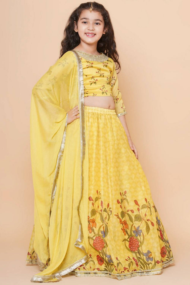 Girl's Yellow Floral Printed Silk Lehenga